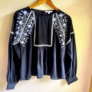 Romantic Embroidered Peasant Blouse. Poet Sleeves. Black /Multicolor Floral. Med